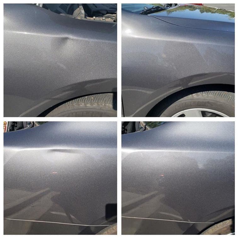 Before and After pictures of Paintless Dent Removal on a car fender.